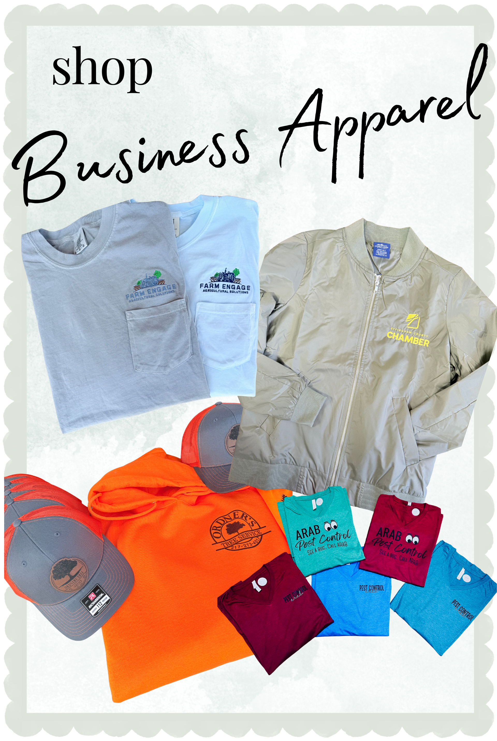 Collection of business apparel including shirts, jackets, and hats with logos on a light background.