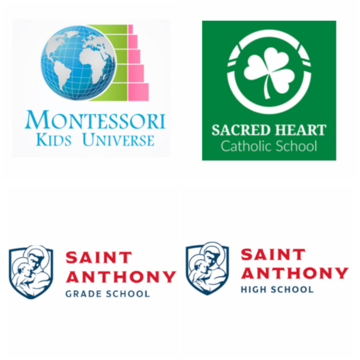 Montessori kids universe logo, sacred heart catholic school logo, saint anthony grade school logo, saint anthony high school logo