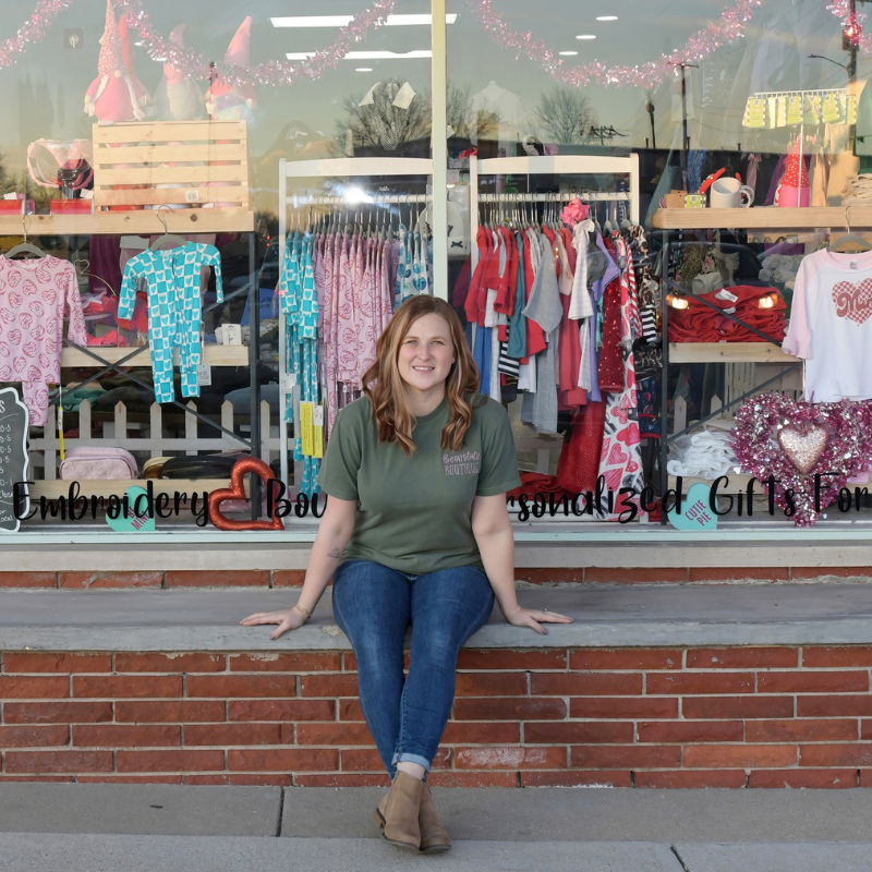 Sara Outside of the Storefront | The Beanstalk Boutique | Effingham, IL