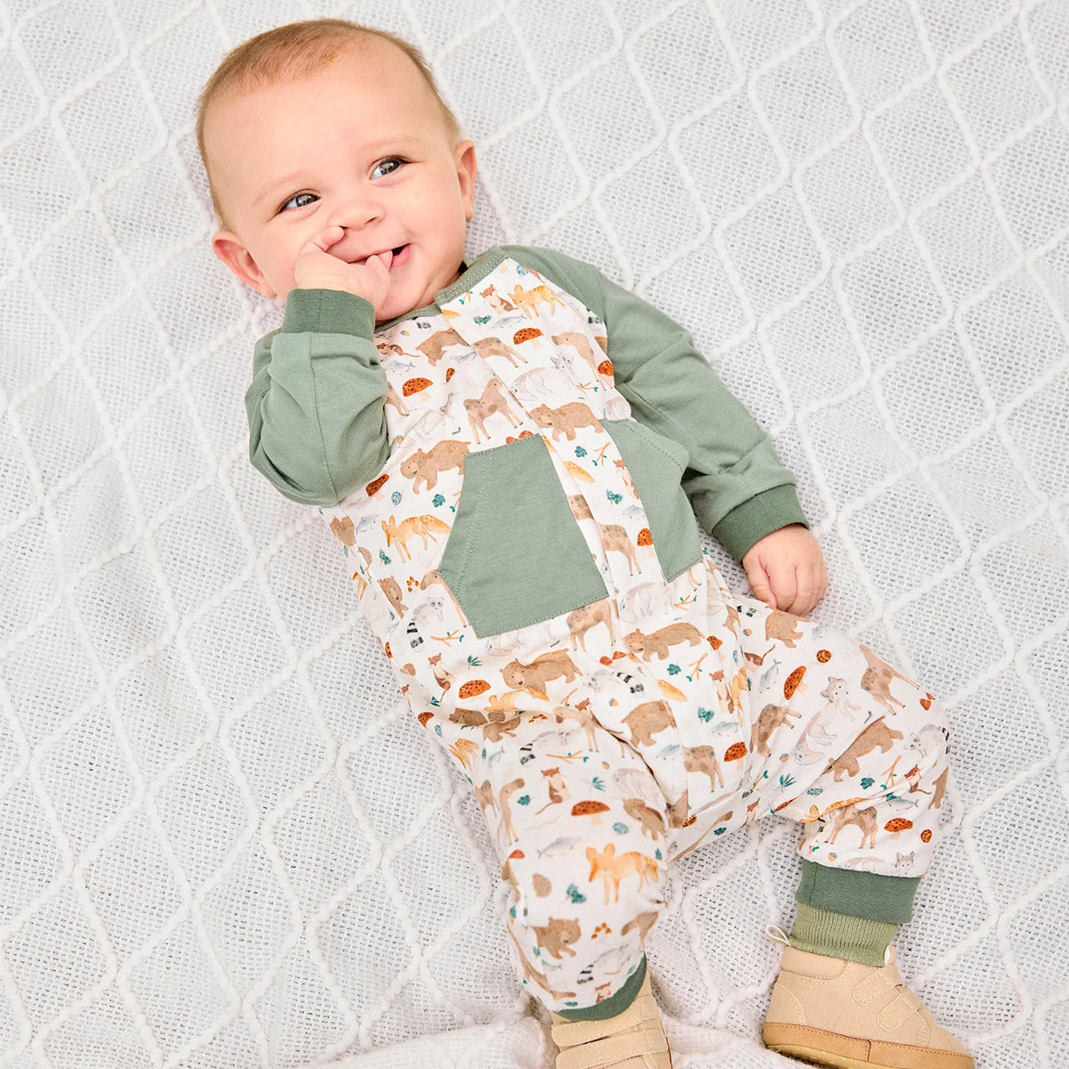 Wonderful Wildlife Modal Boys L/S Romper, Sage Green
