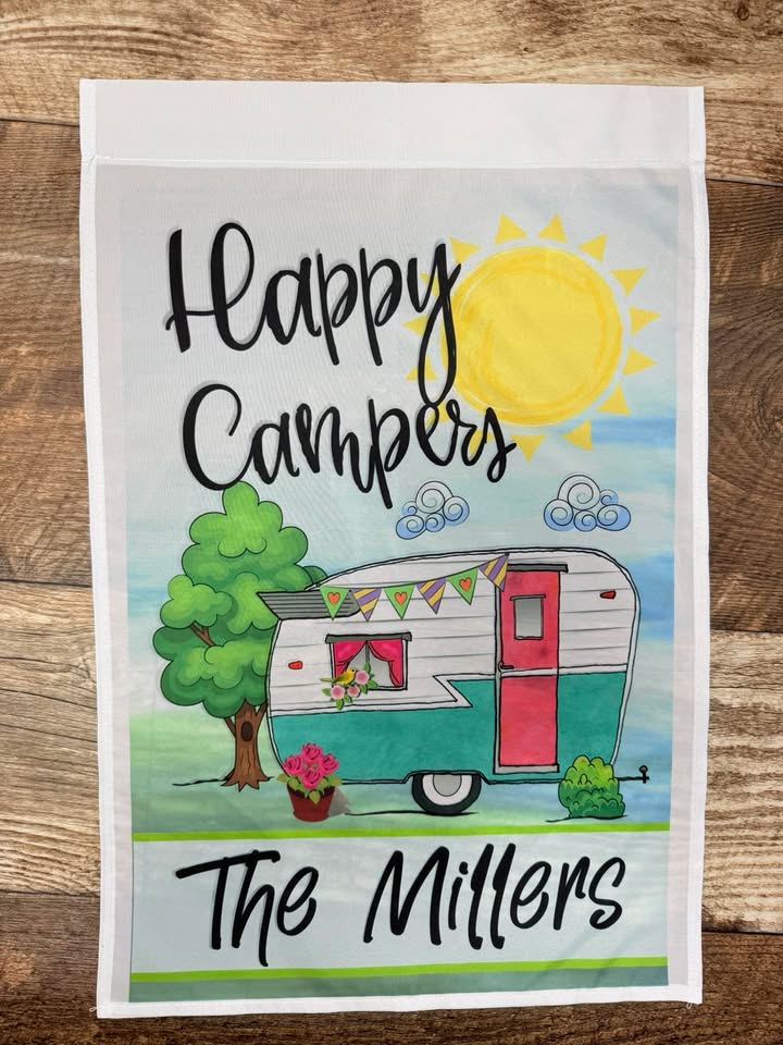 The Beanstalk Boutique Happy Camper Garden Flag