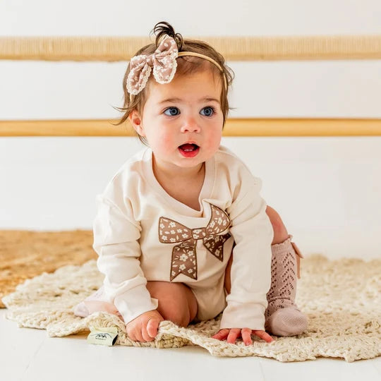 Mocha Floral Bow Patch Long Sleeve Romper
