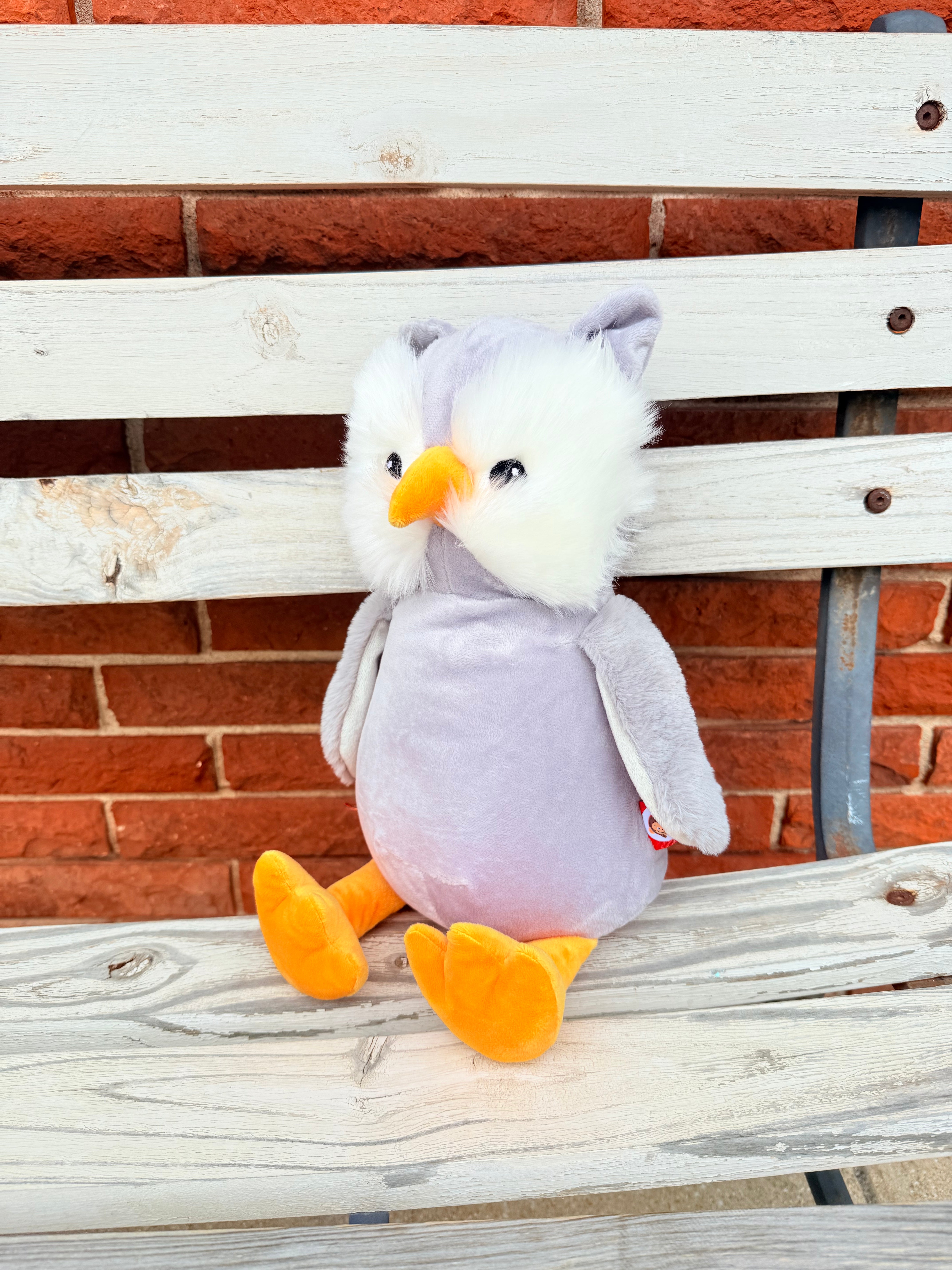 Owl with a grey body and orange feet and beak, sitting on a wooden bench against a brick wall.
