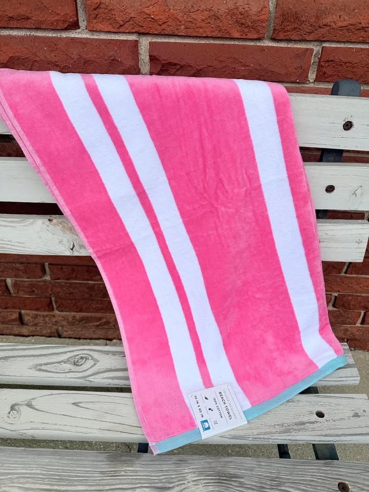 Pink Stripe Towel with Blue Trim