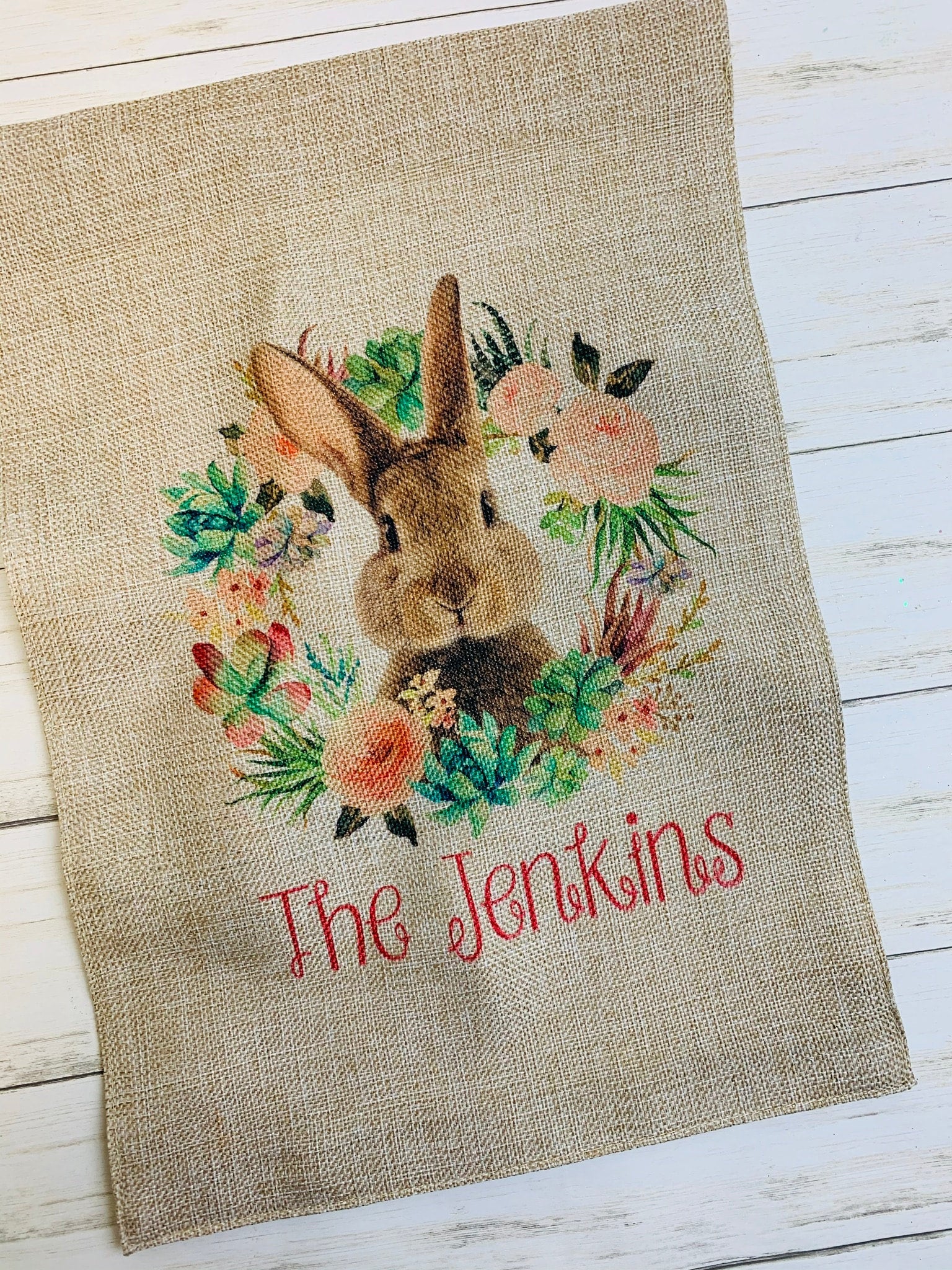 Burlap Garden Flag - Floral Frame Easter Bunny