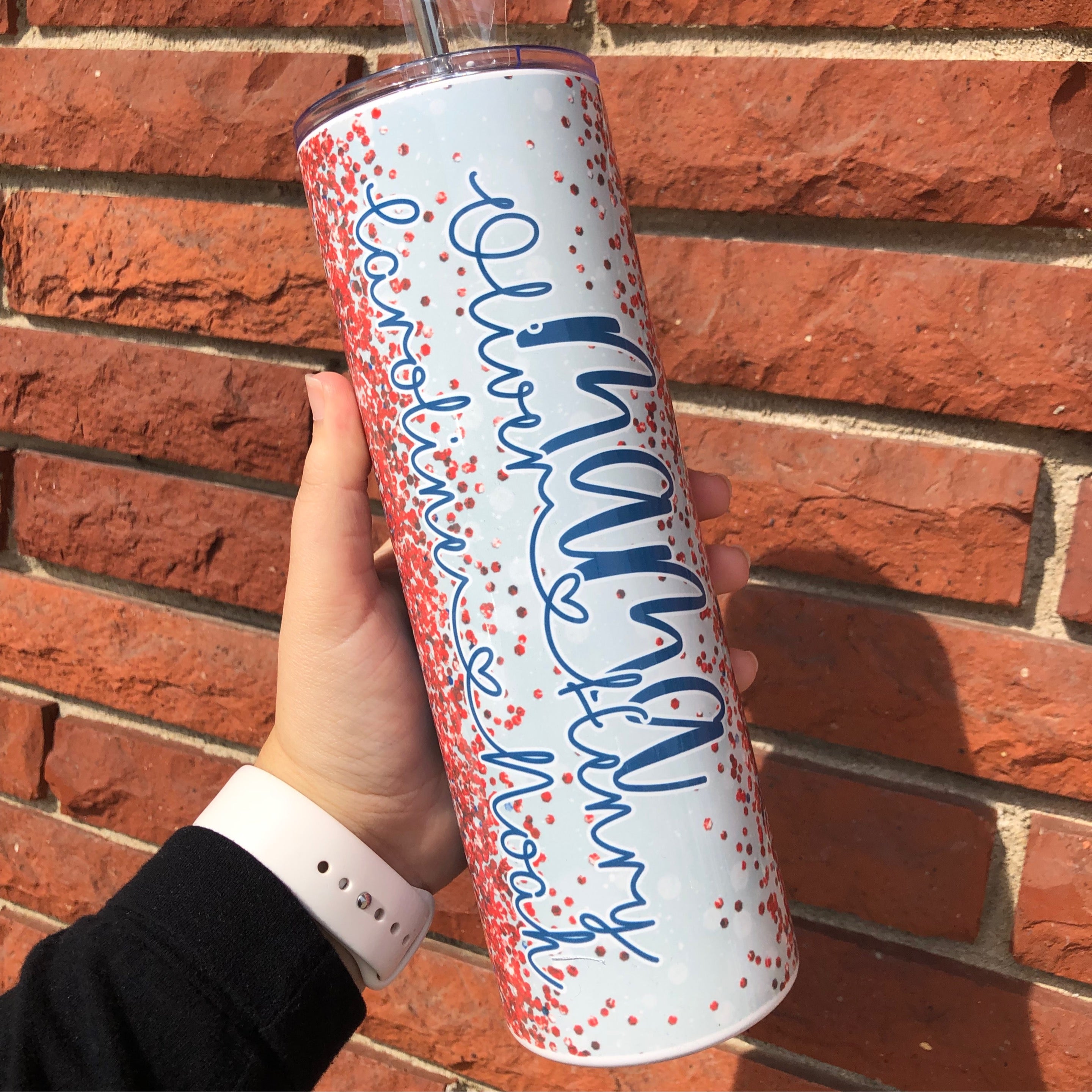 Red and Royal Glitter Mama Tumbler